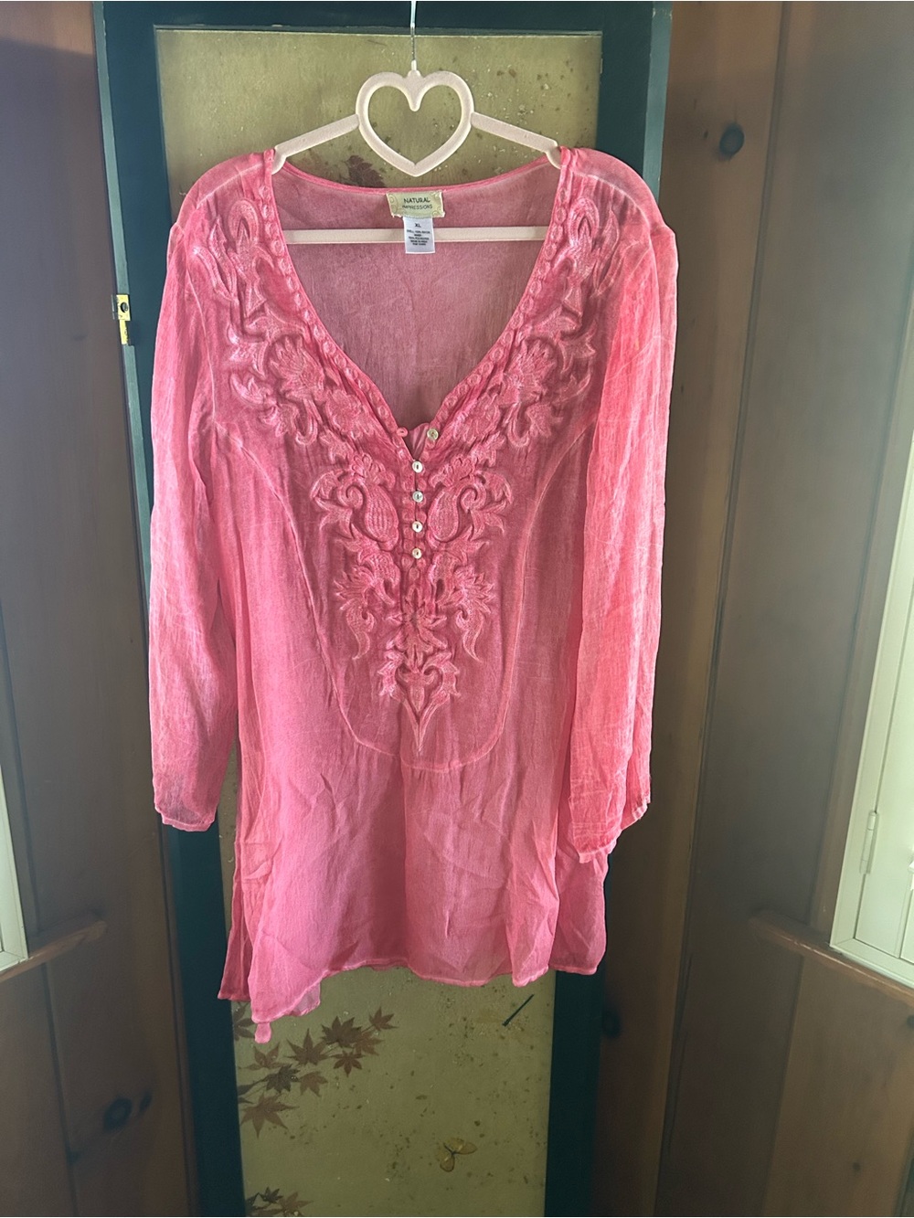Natural impressions Coral Pink Embroidered V-Neck Tunic Top